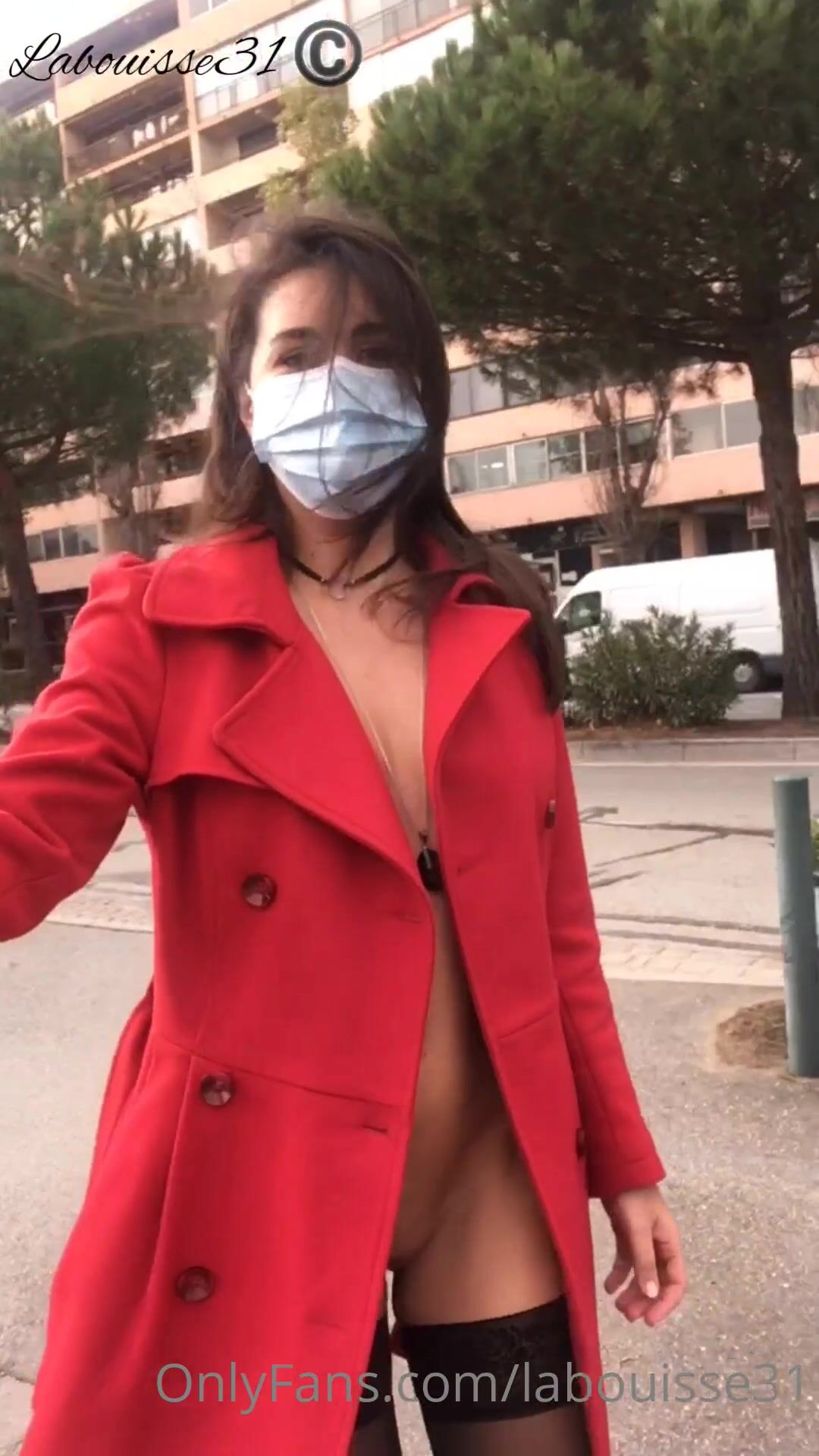 Labouisse walking in public red overcoat